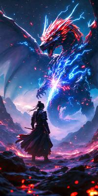 The primary subject of the image is a person, likely a warrior or a dragon rider, standing in front of a large, fire-breathing dragon. The setting appears to be a fantasy world, with the dragon and the person being the main focus of the scene. The visual style of the image is digital art, with the dragon and the person being depicted in a detailed and realistic manner. The colors and mood of the image are dramatic and intense, with the fire-breathing dragon and the person standing in front of it creating a sense of danger and excitement.